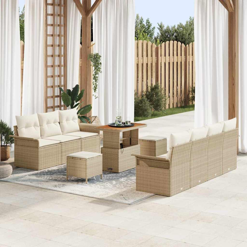 10 Stykker Have Sofa Sæt med Puder Beige Poly Rattan Akacie,  2-Sæders Have Sofa med Puder Beige Poly Rattan,  3 Stykker Have Spisebord Sæt med Puder Beige Poly Rattan Akacie