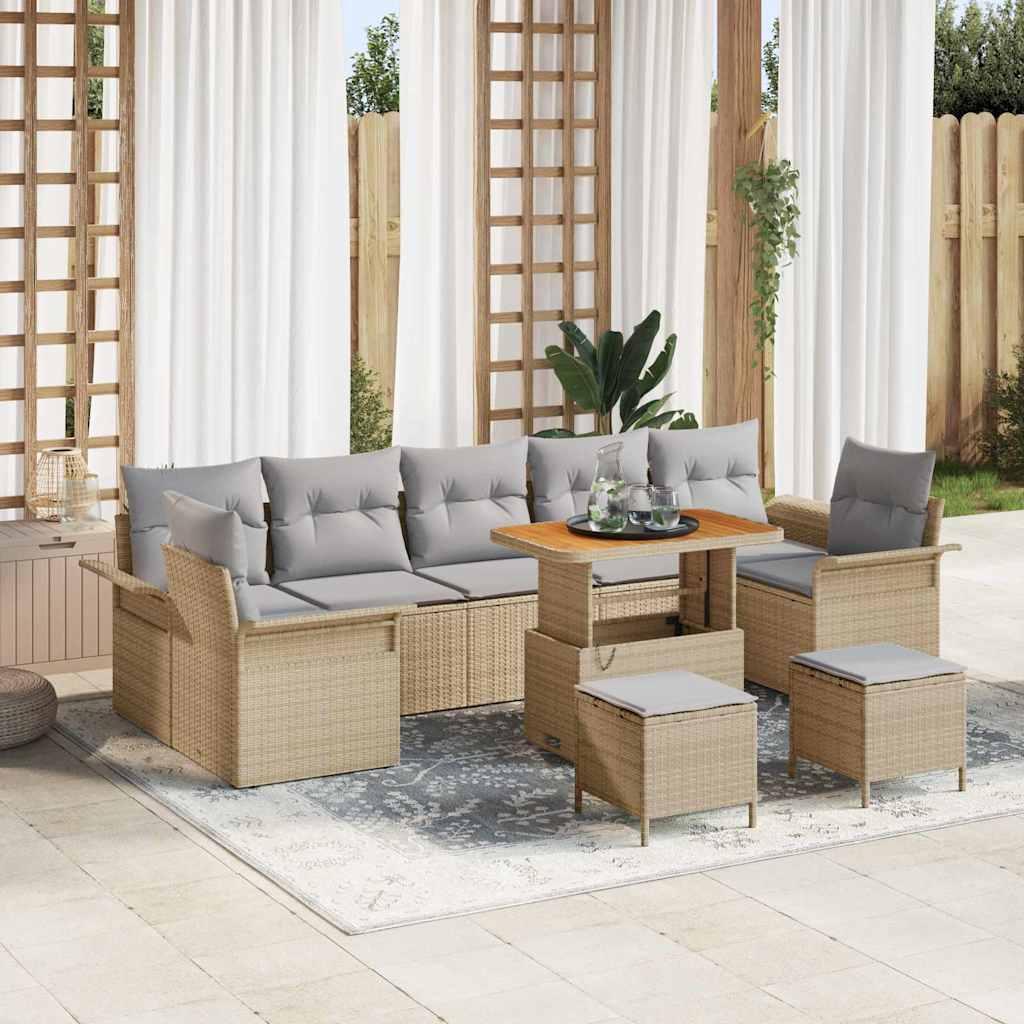 10 delers havesofa sæt med hynder beige polyrattan akacia,  2-personers havesofa med hynder beige polyrattan,  3 delers havedining sæt med hynder beige polyrattan akacia
