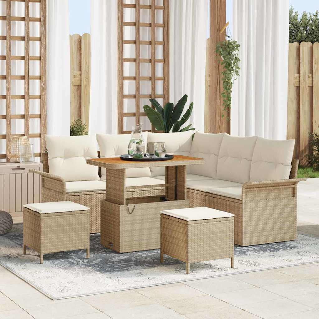 8 Stykker Have Sofa Sæt med Puder Beige Poly Rattan Akacia,  2-Sæders Have Sofa med Puder Beige Poly Rattan,  3 Stykke Have Spise Sæt med Puder Beige Poly Rattan Akacia