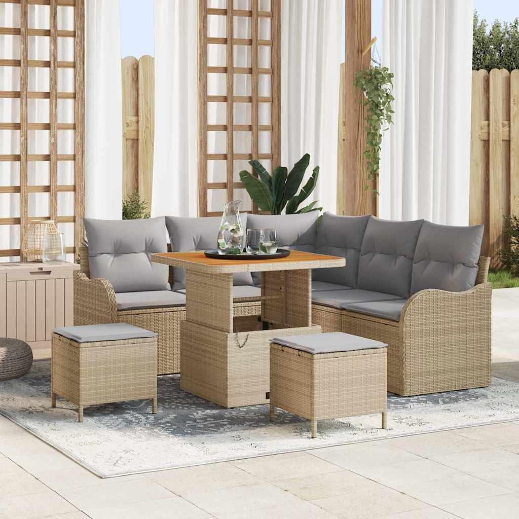 8 Stykker Havemøbel Sæt med Puder Beige Poly Rattan Acacia,  2-Personers Havemøbel Sofa med Puder Beige Poly Rattan,  3 Stykker Havemøbel Spise Sæt med Puder Beige Poly Rattan Acacia