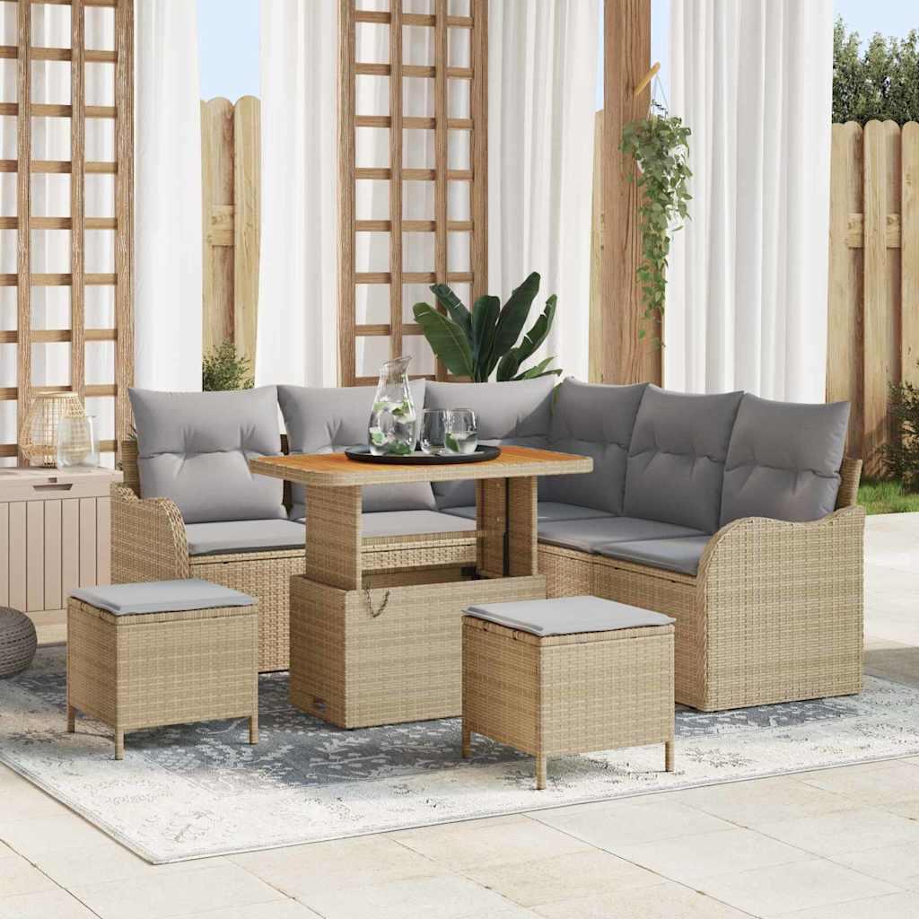 8 Stk Have Sofa Sæt med Puder Beige Poly Rattan Akacie,  2-personers Have Sofa med Puder Beige Poly Rattan,  3 Stk Have Spisesæt med Puder Beige Poly Rattan Akacie