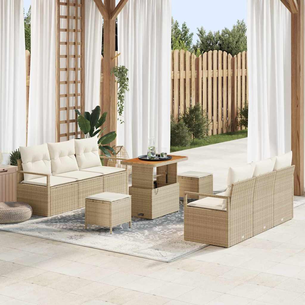 9 Stykke Have Sofa Sæt med Puder Beige Poly Rattan Akacia,  2-Sæders Have Sofa med Puder Beige Poly Rattan,  3 Stykke Have Spise Sæt med Puder Beige Poly Rattan Akacia