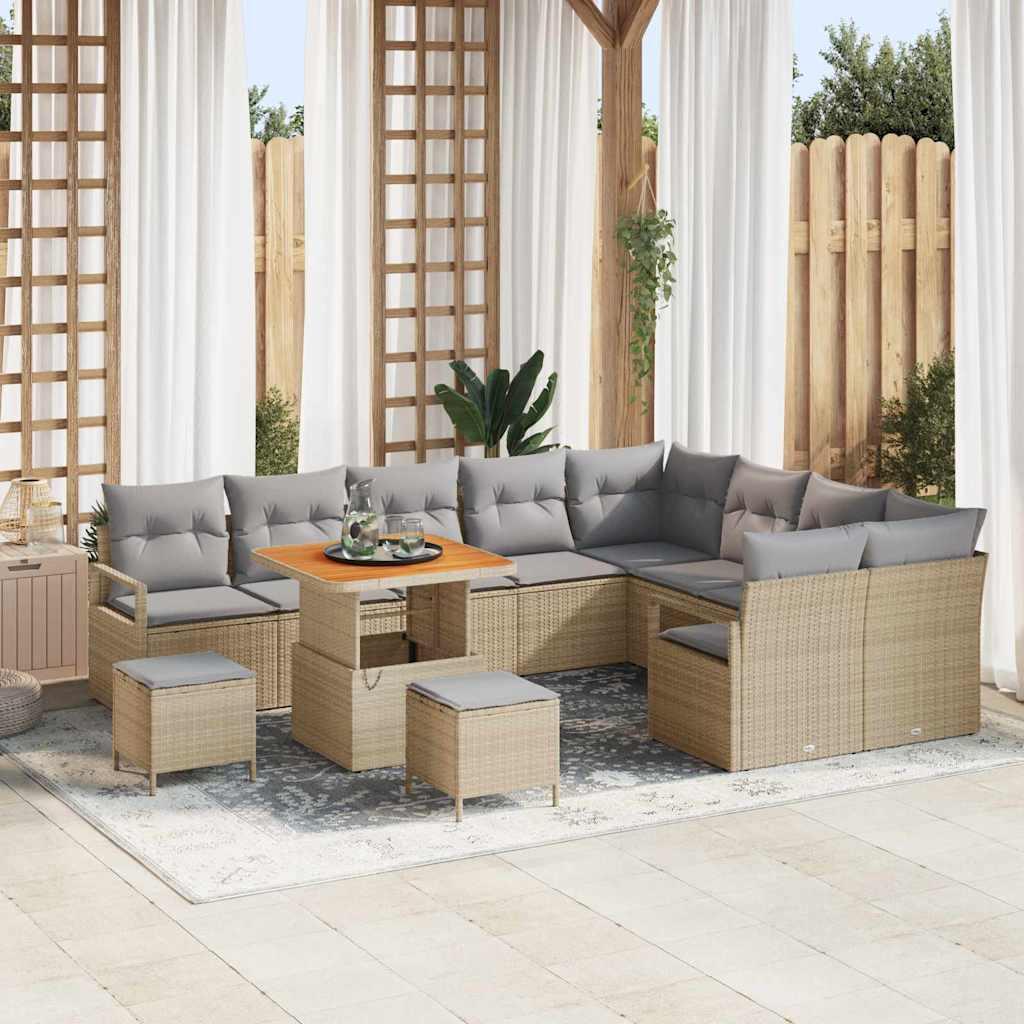 12 Piece Have Sofa Sæt med Puder Beige Poly Rattan Akacia,  2-sæders Have Sofa med Opbevaring & Puder Beige Poly Rattan,  3 Piece Have Dining Set med Puder Beige Poly Rattan Akacia