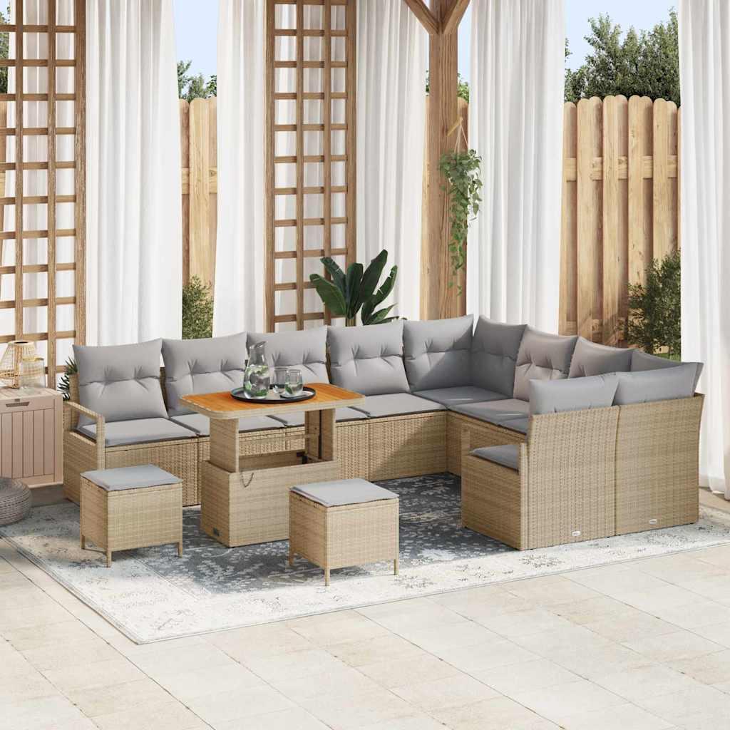 12 Stykker Have Sofa Sæt med Puderne Beige Poly Rattan Akacia,  2-sæders Have Sofa med Opbevaring & Puderne Beige Poly Rattan,  3 Stykker Have Spise Sæt med Puderne Beige Poly Rattan Akacia