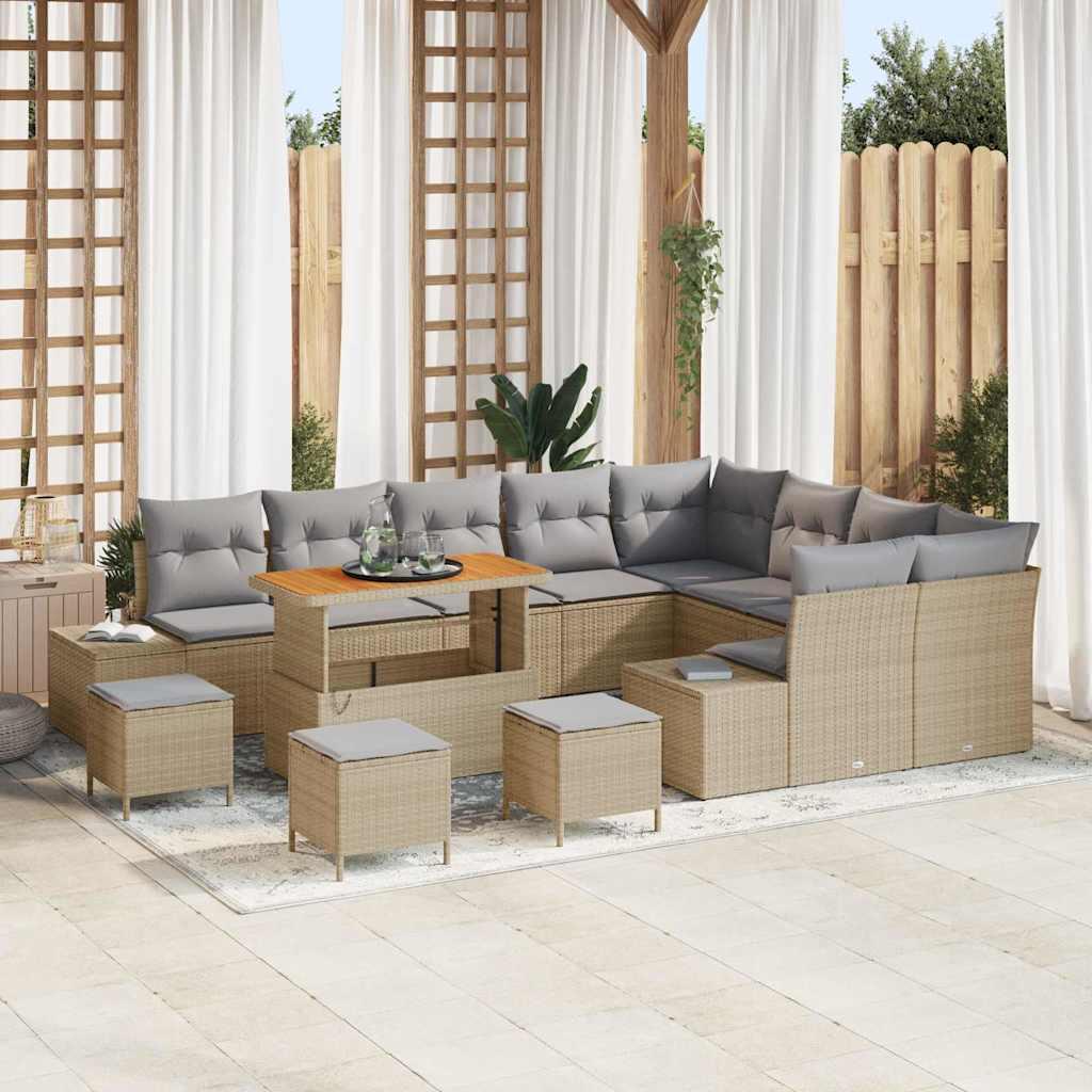 13 Styk Have Sofa Sæt med Hynder Beige Poly Rattan Akacia,  2-personers Have Sofa med Opbevaring & Hynder Beige Poly Rattan,  4 Styk Have Spise Sæt med Hynder Beige Poly Rattan Akacia