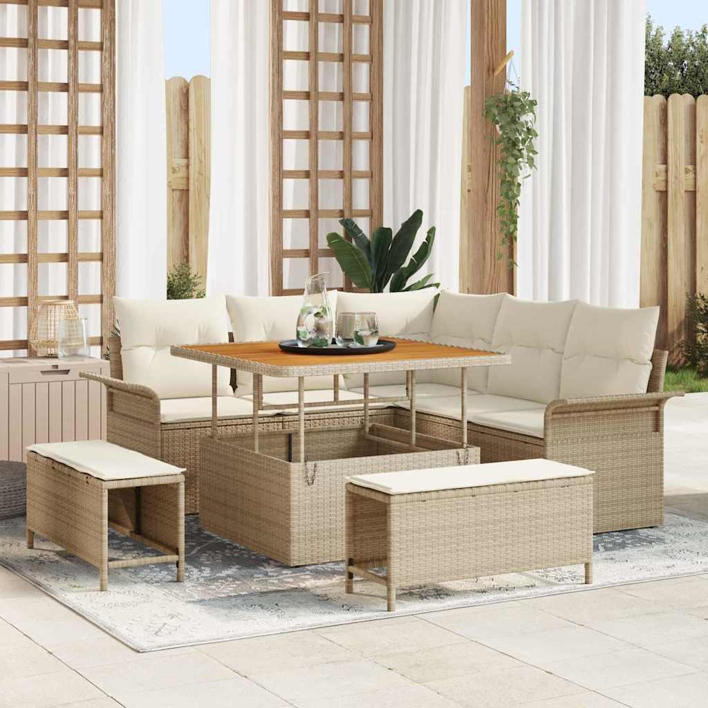 8 Stykke Have Sofa Sæt med Puder Beige Poly Rattan Akacia&& 2-Sæders Have Sofa med Opbevaring & Puder Beige Poly Rattan&& 3 Stykke Have Spisesæt med Puder Beige Poly Rattan Akacia
