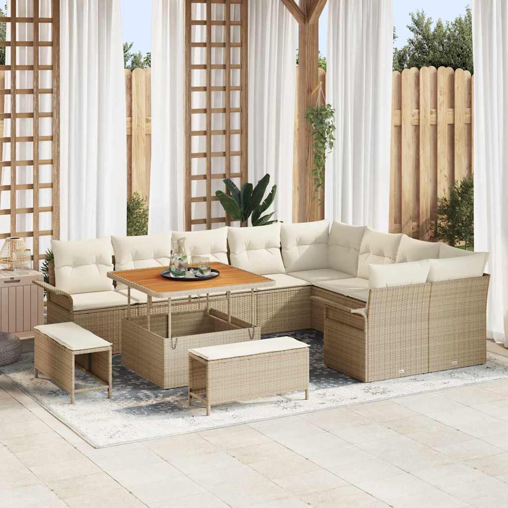 12 Styk Havemøbel Sæt med Hynder Beige Poly Rattan Akacia&& 2-personers Havemøbel Sofa med Opbevaring & Hynder Beige Poly Rattan&& 3 Styk Havemøbel Spise Sæt med Hynder Beige Poly Rattan Akacia