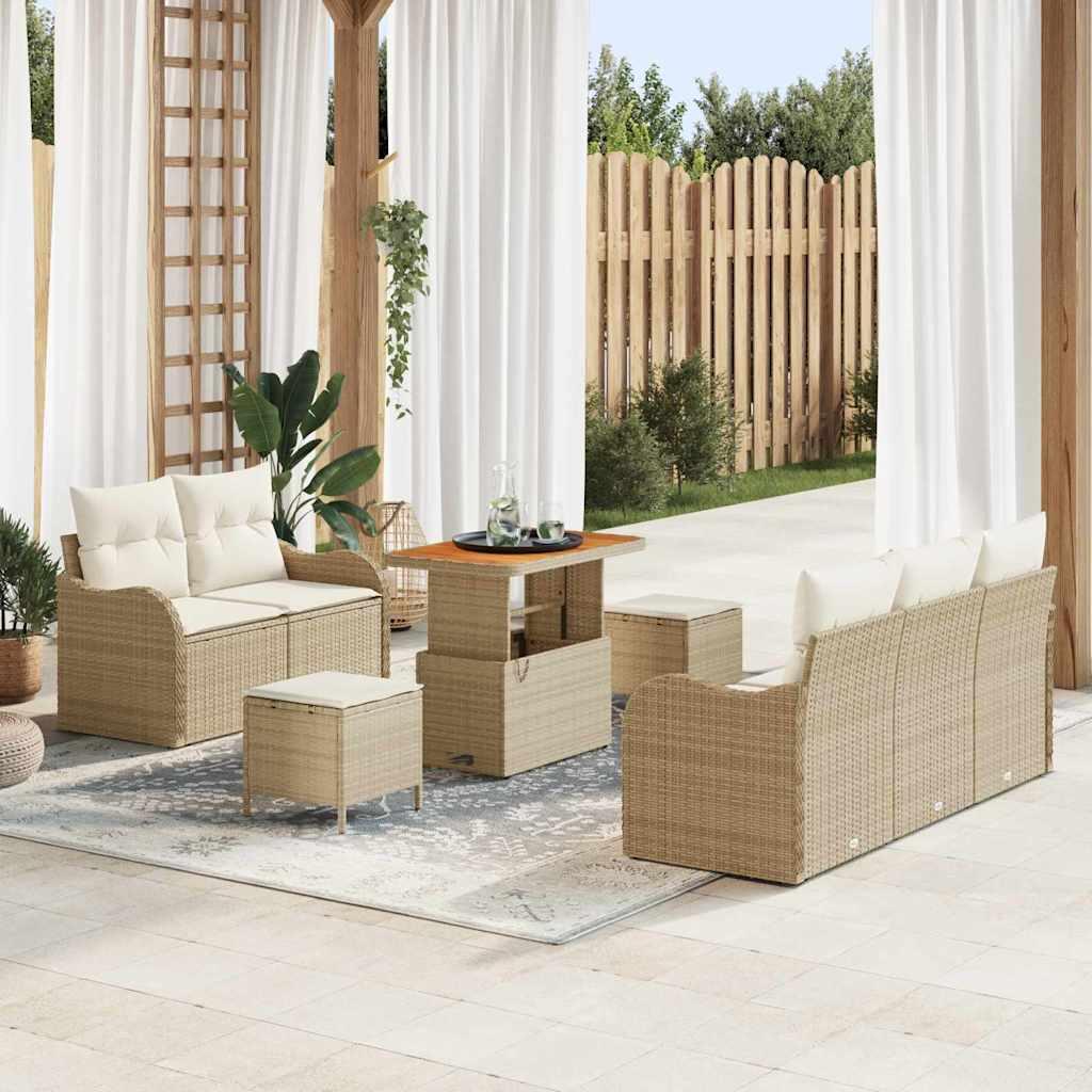 8 Piece Have Sofa Sæt med Puder Beige Polyrattan Acacia&& 2-Sæders Have Sofa med Opbevaring & Puder Beige Polyrattan&& 3 Piece Have Spisesæt med Puder Beige Polyrattan Acacia