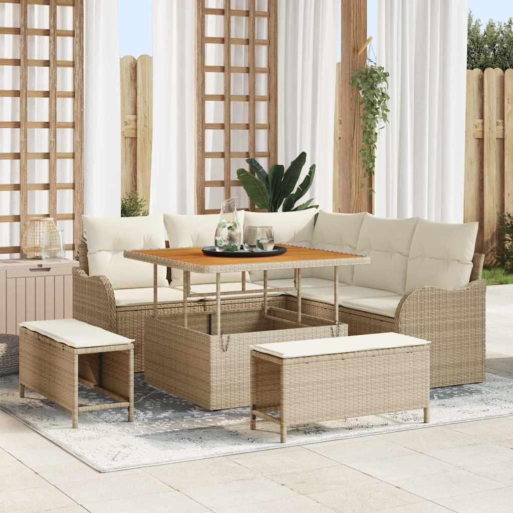 8 Personers Have Sofa Sæt med Puder Beige Poly Rattan Akacie&& 2-personers Have Sofa med Opbevaring&Puder Beige Poly Rattan&& 3 Personers Have Spisestel med Puder Beige Poly Rattan Akacie