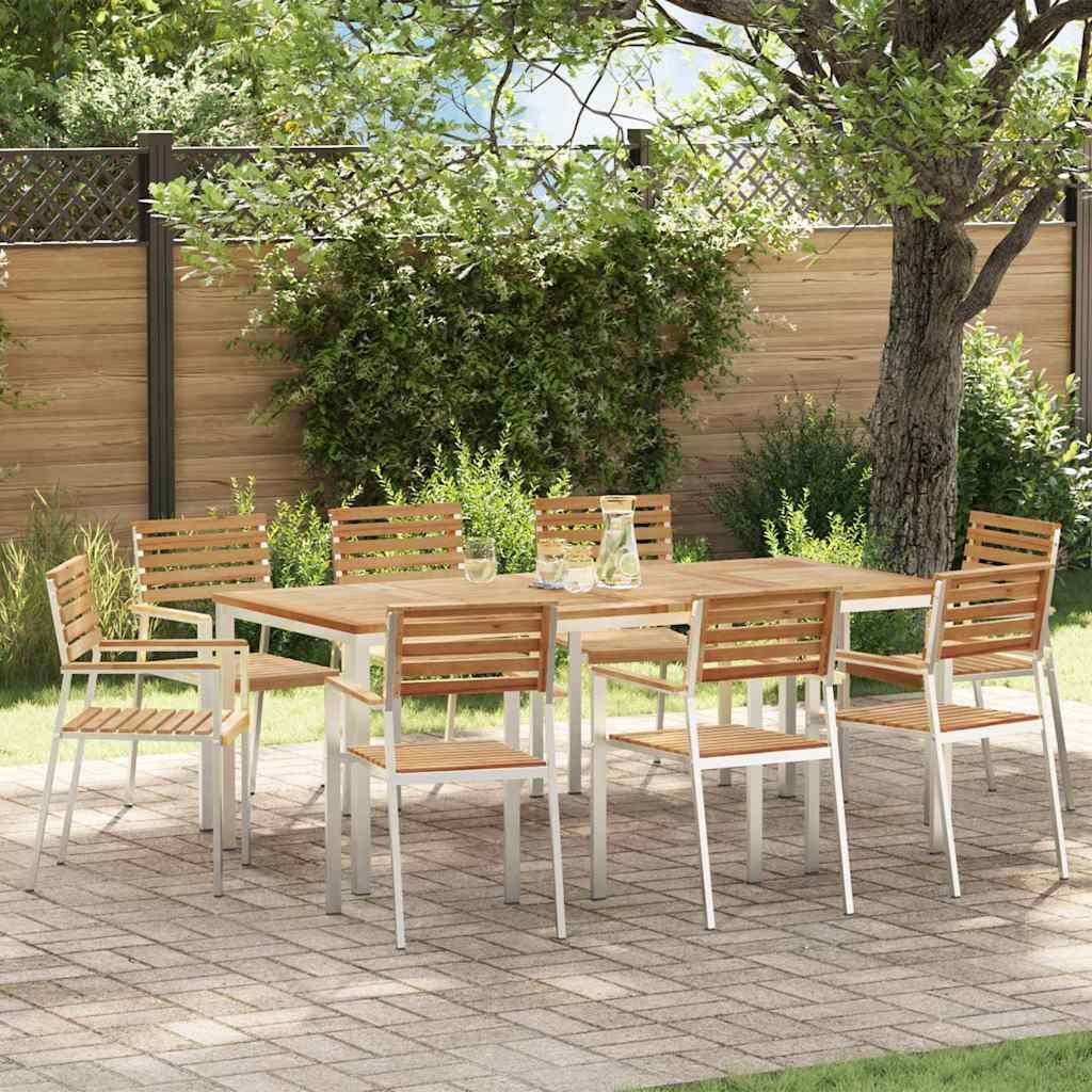 9 Personers Havemøbel Sæt Massivt Træ Teak&& Udendørs Spisebord 200x90x74,5 cm Massivt Træ Teak&& Stabelbare Havestole 4 stk Massivt Træ Teak og Stål
