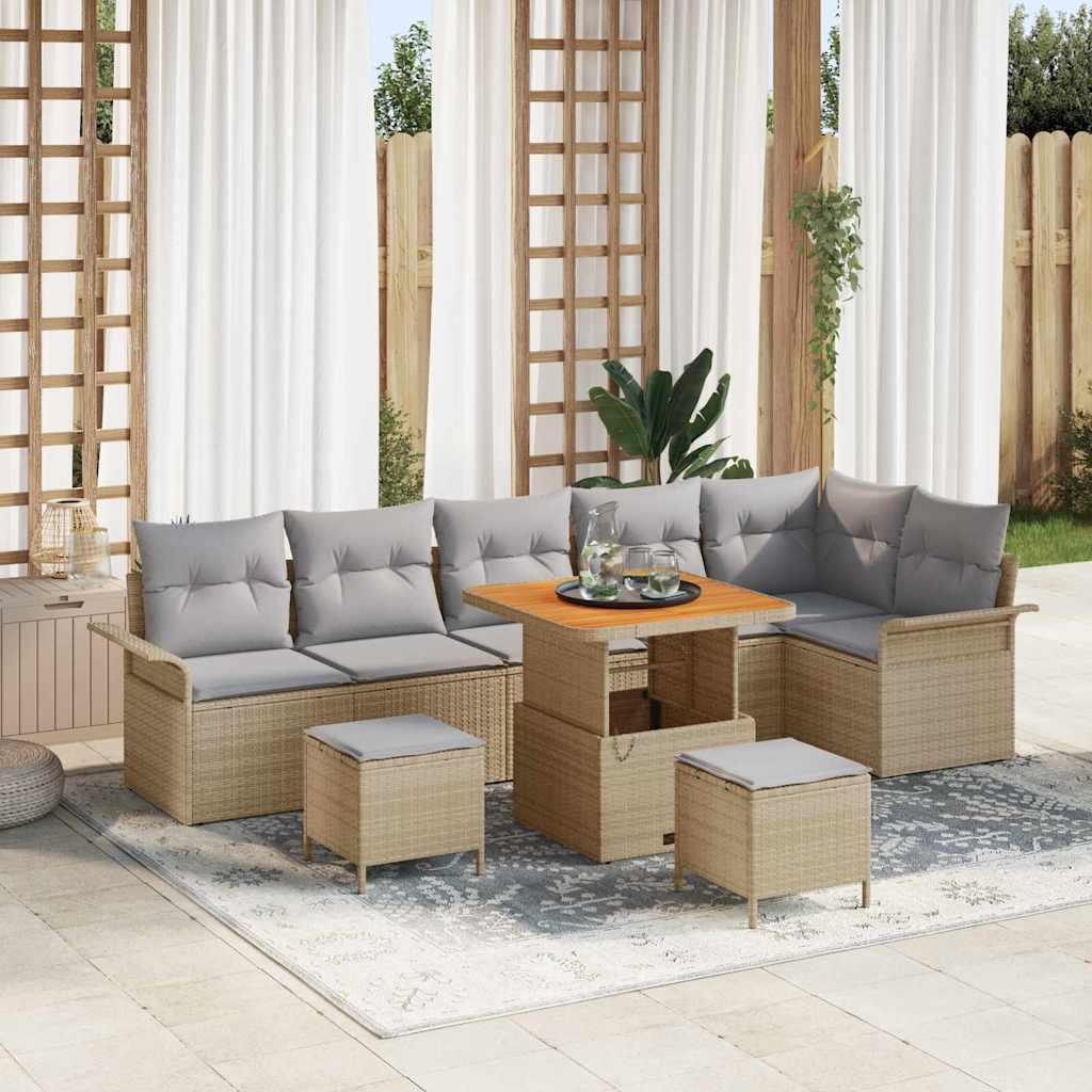 9 Stykker Havemøbel Sæt med Hynder Beige Poly Rattan Akacie&& 2-personers Havemøbel Sofa med Hynder Beige Poly Rattan&& 3 Stykker Havemøbel Spisesæt med Hynder Beige Poly Rattan Akacie