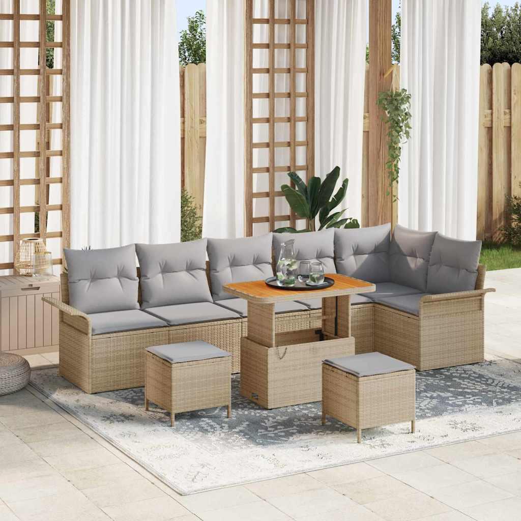 9 Stk Havemøbel Sæt med Puder Beige Poly Rattan Akacie&& 2-sæders Havemøbel Sofa med Puder Beige Poly Rattan&& 3 Stk Havemøbel Spisesæt med Puder Beige Poly Rattan Akacie