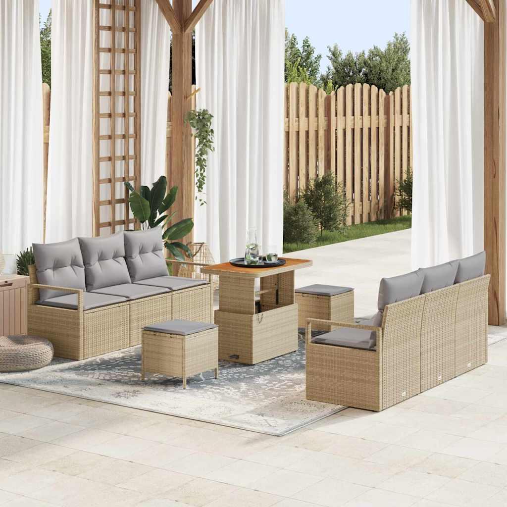 9 Stykke Have Sofa Sæt med Puder Beige Polyrattan Akacia&& 2-Sæder Have Sofa med Puder Beige Polyrattan&& 3 Stykke Have Spisesæt med Puder Beige Polyrattan Akacia