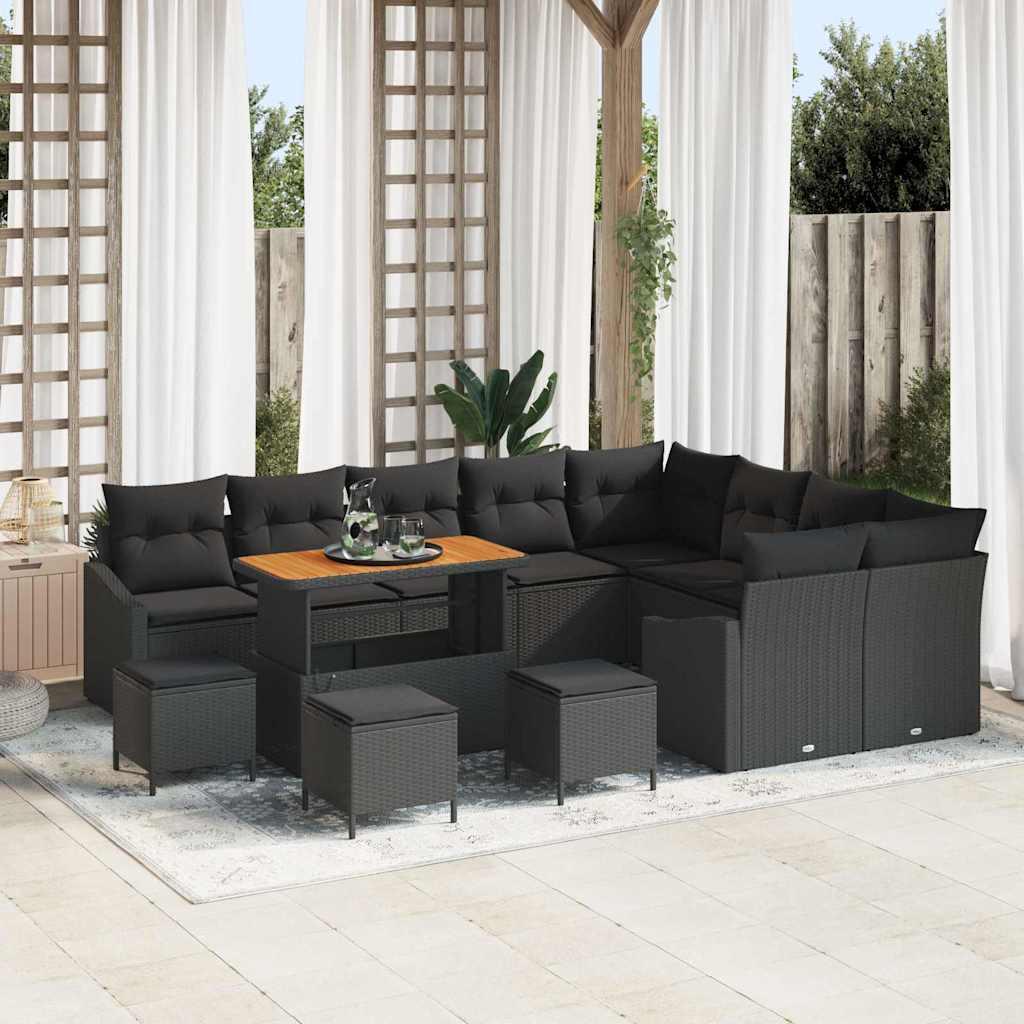 13 Piece Garden Sofa Set med Puder Sort Poly Rattan Akacietræ&& 4 Piece Garden Dining Set med Puder Sort Poly Rattan Akacietræ&& 2-Sæders Have Sofa med Puder Sort Poly Rattan