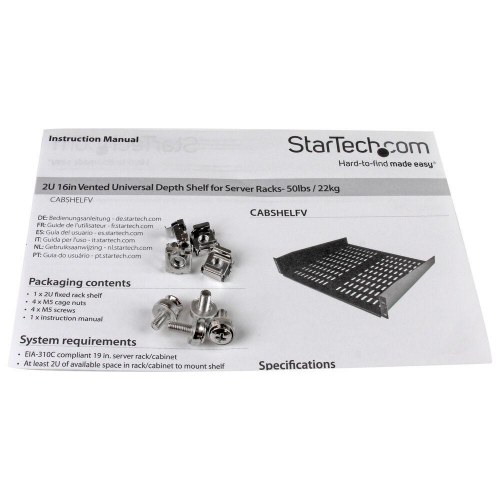 Rack hylde 2U 16" - StarTech CABSHELFV, ventileret, sort