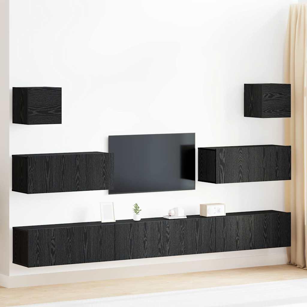 7-delers TV-skab sæt - væghængt, sort egetræ, lavet i træ