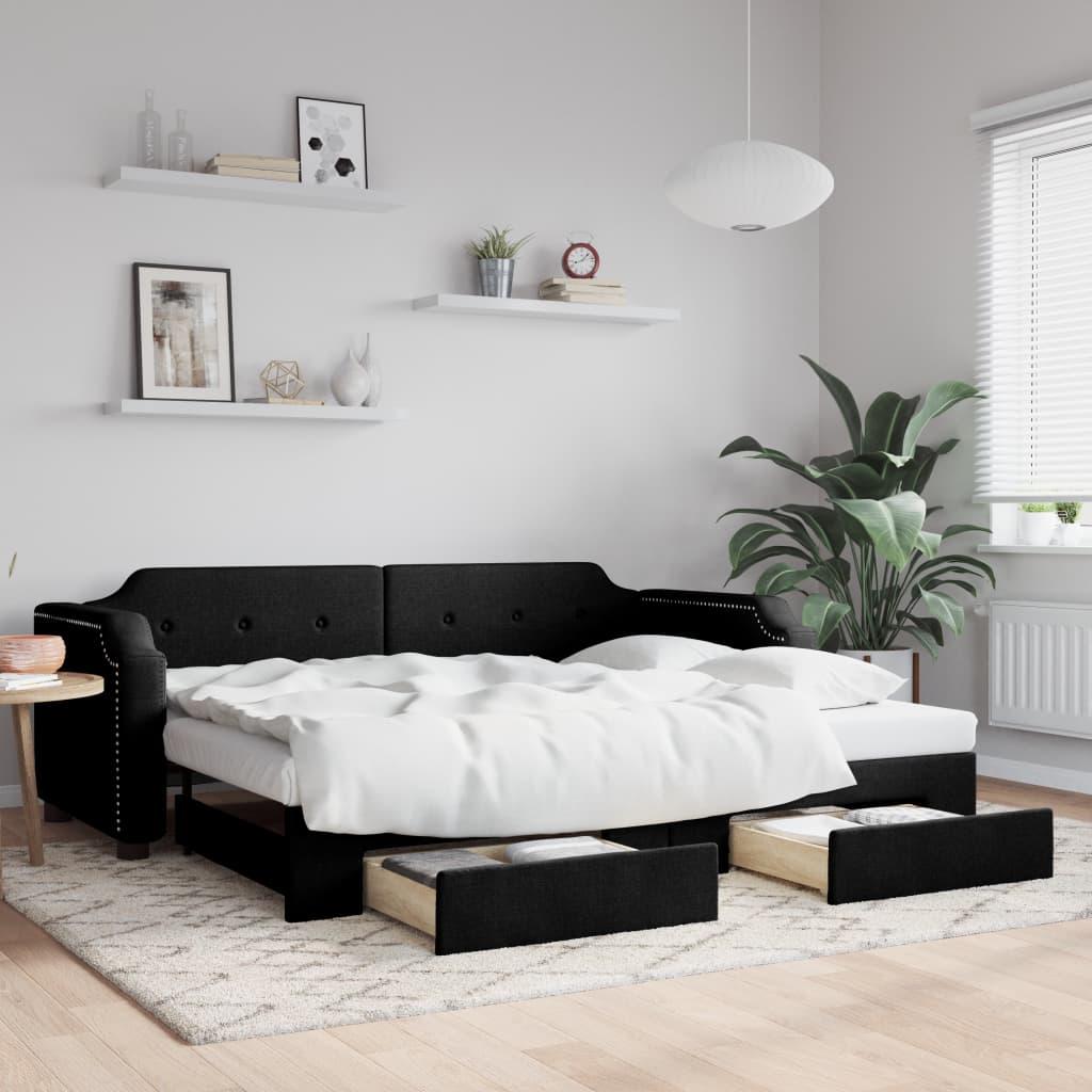 daybed med udtræk og skuffer 100x200 cm stof sort