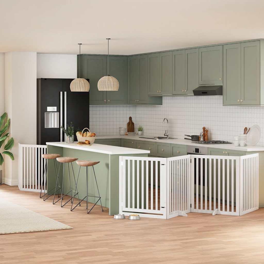 Hundelåge med dør 6 paneler 480 cm foldbar poppeltræ hvid