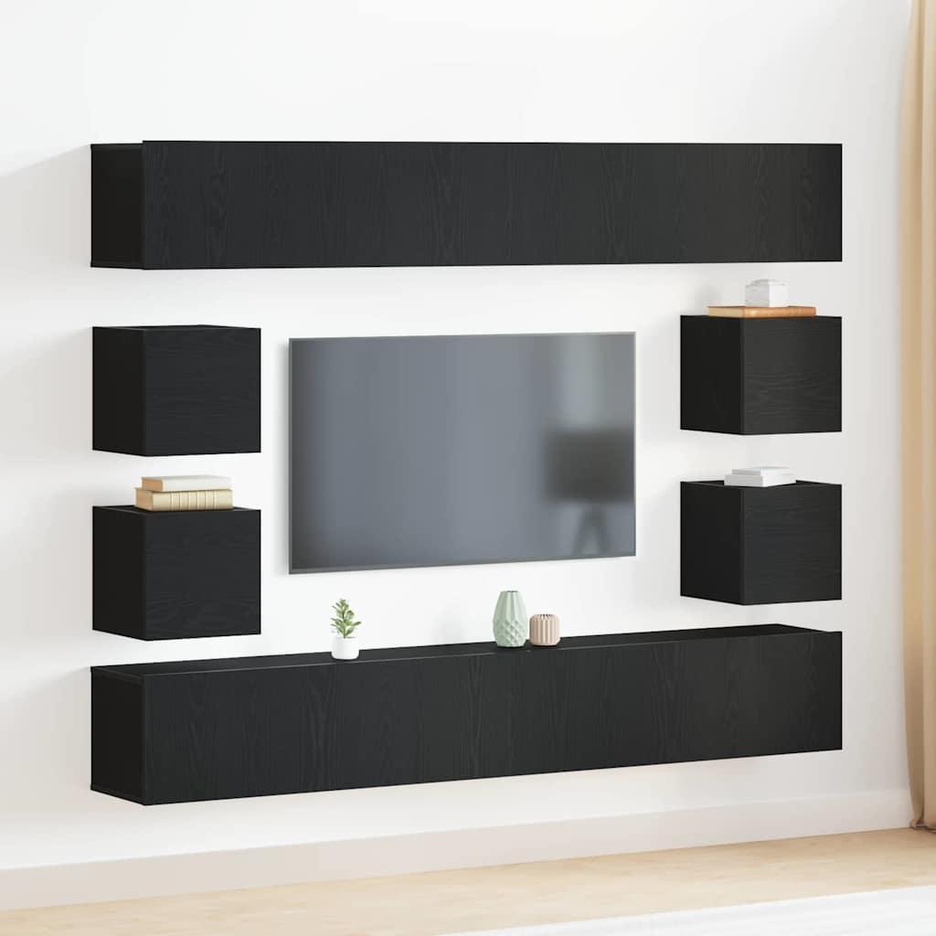 6 stk. TV-skabs sæt - vægmonteret, sort egetræ, konstrueret træ