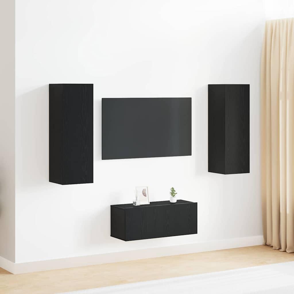 3-delt TV-skabssæt, vægmonteret i sort eg, lavet af træ