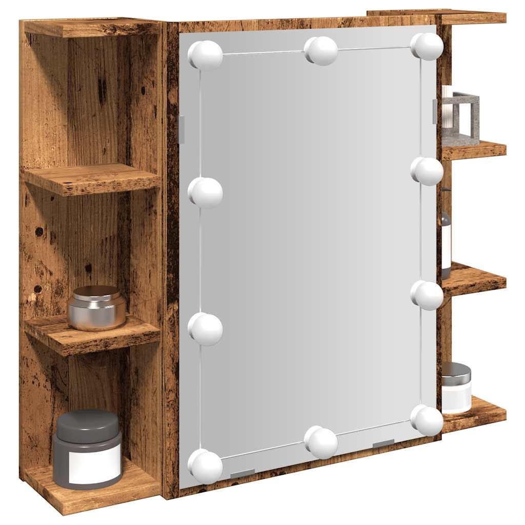 Spejlskab med LED-lys 70x16,5x60 cm gammelt træ-look