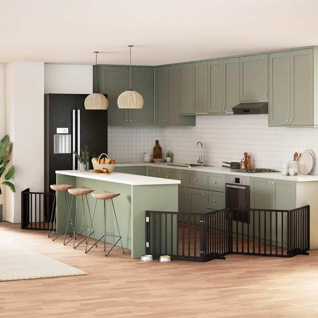 Hundelåge med dør 8 paneler 640 cm foldbar poppeltræ sort