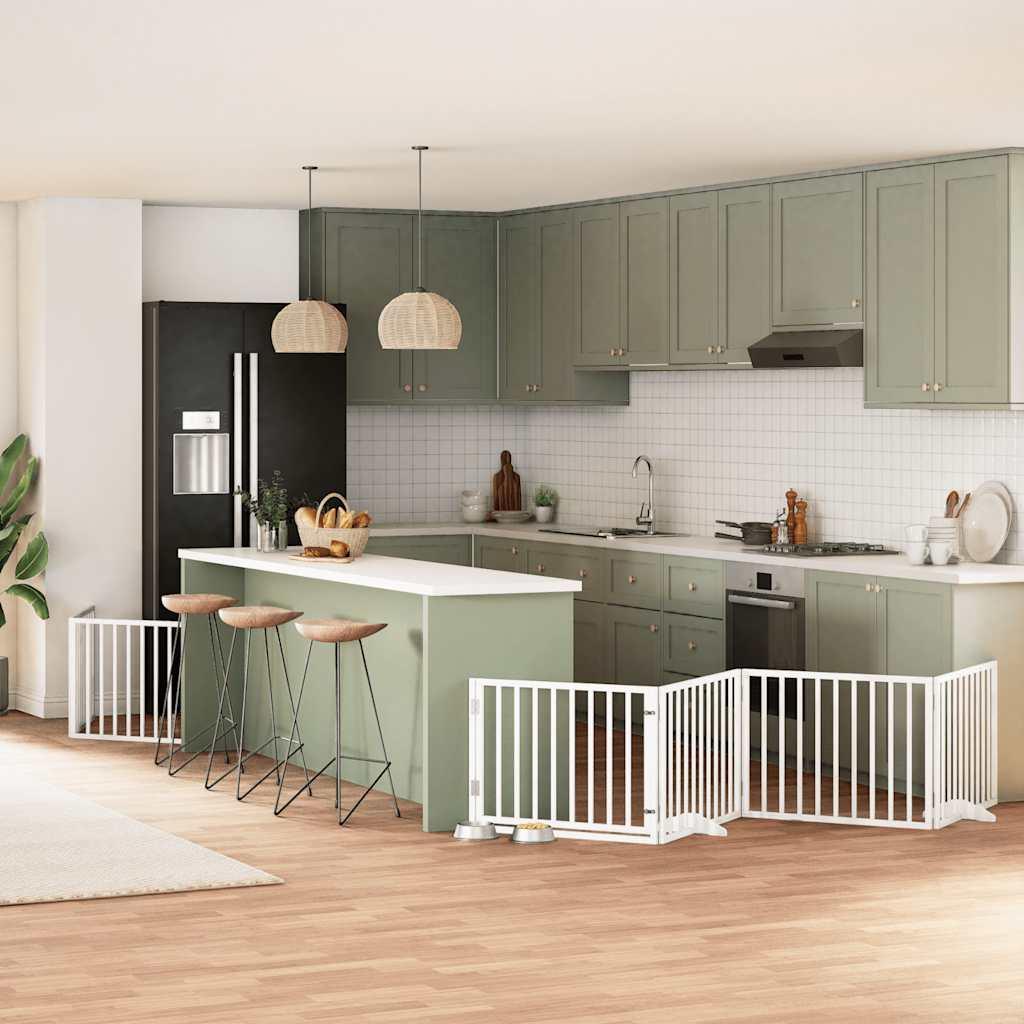 Hundelåge med dør 6 paneler 480 cm foldbar poppeltræ hvid