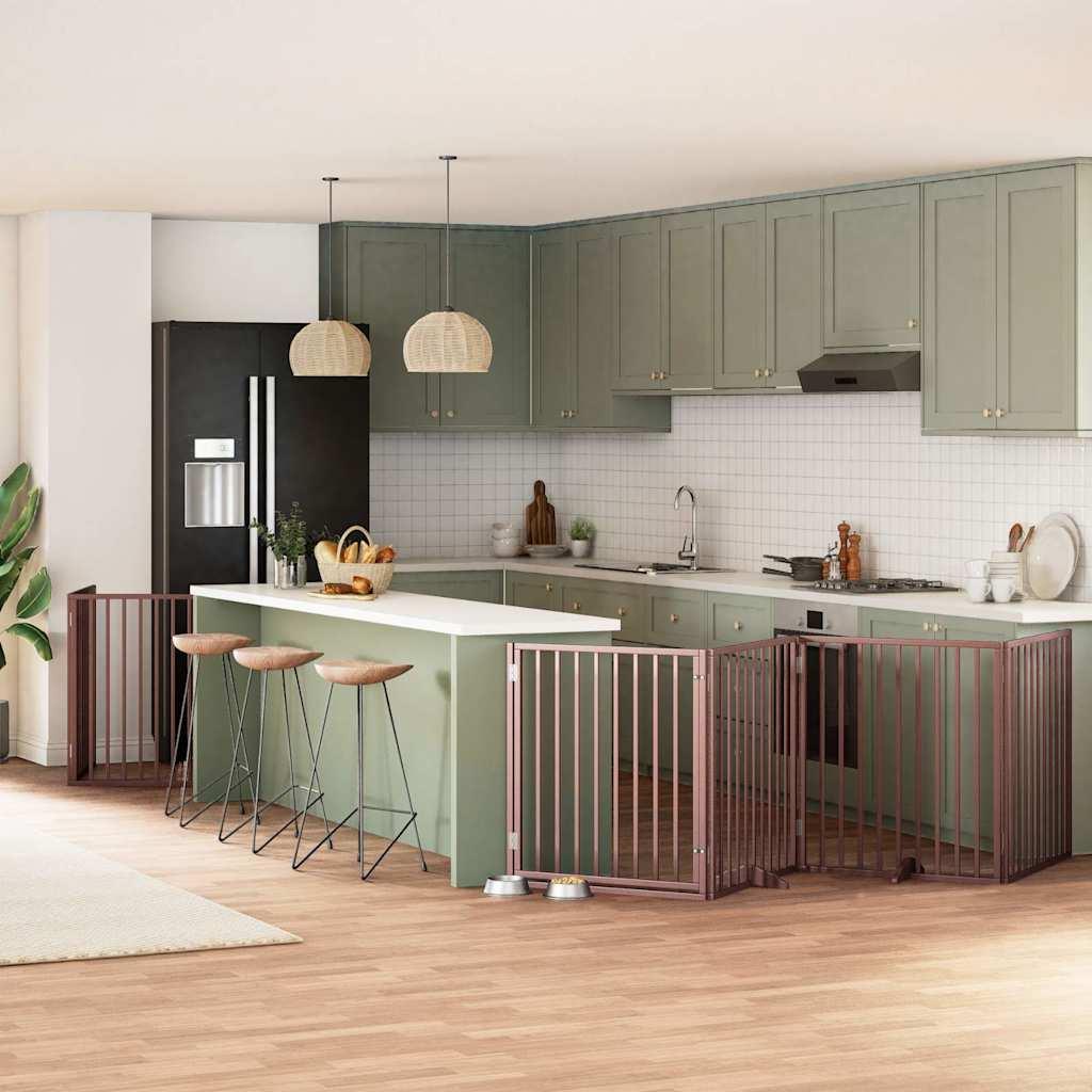 Hundelåge med dør 6 paneler 480 cm foldbar poppeltræ brun