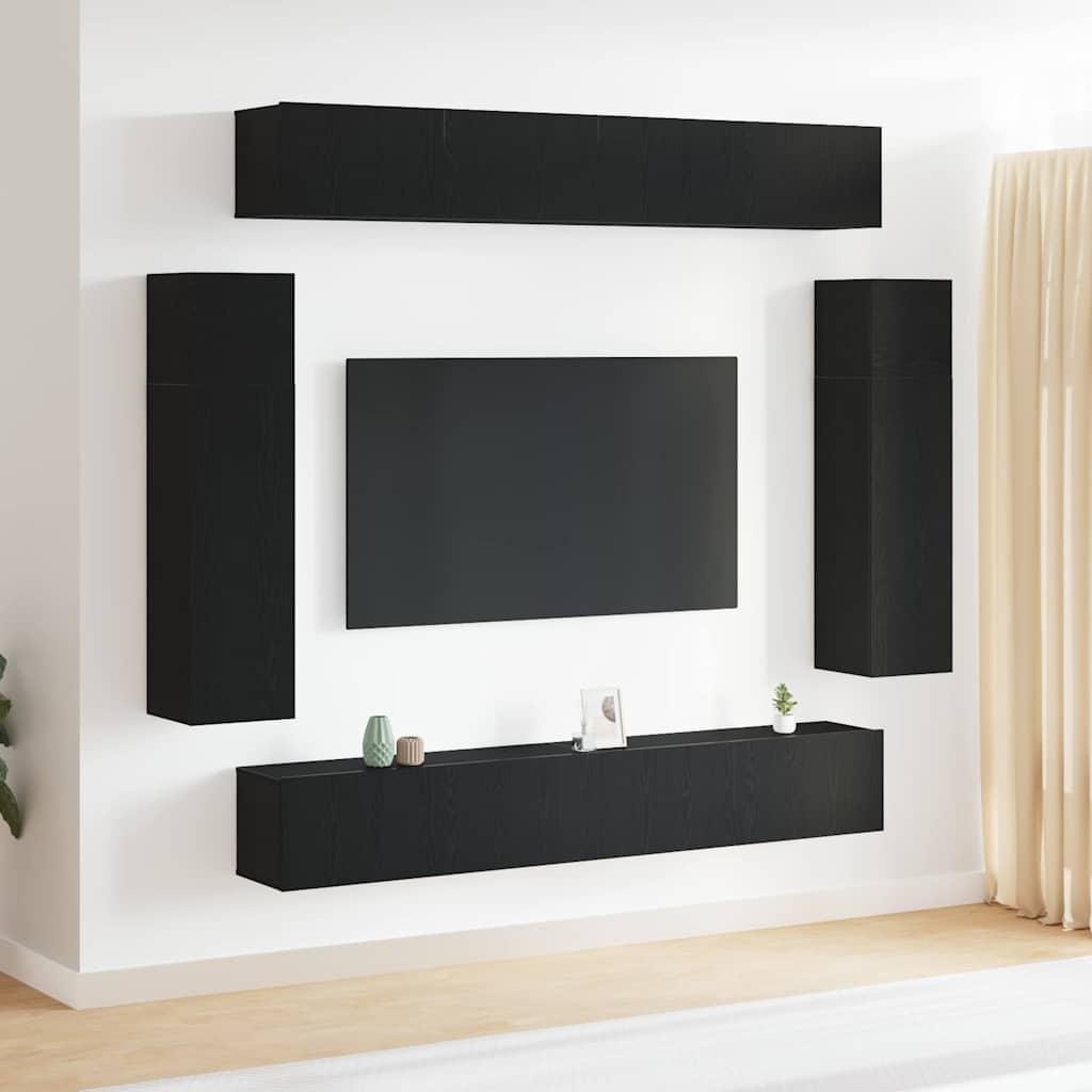 8 Delt TV Skab Sæt - Vægmonteret Sort Eg, Smart Træ