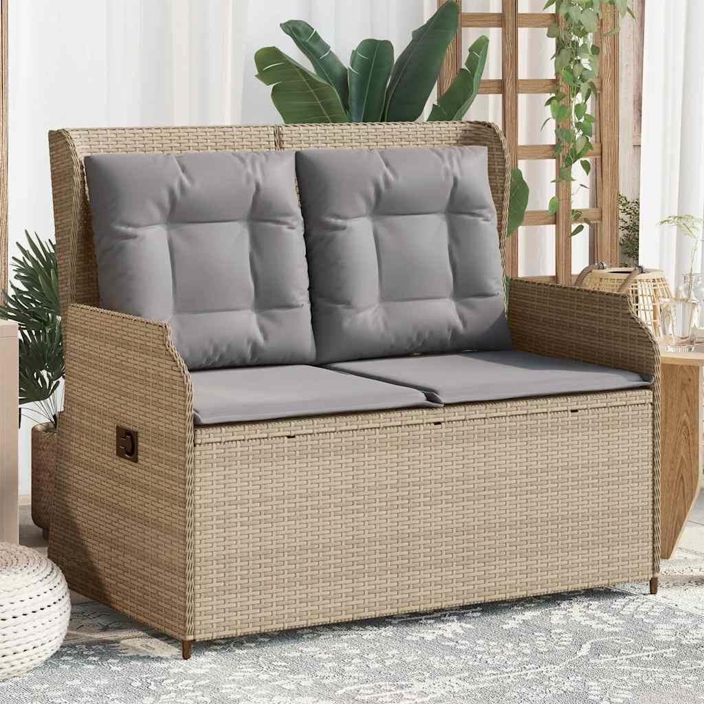 Havebænk med hynder og lænefunktion polyrattan beige