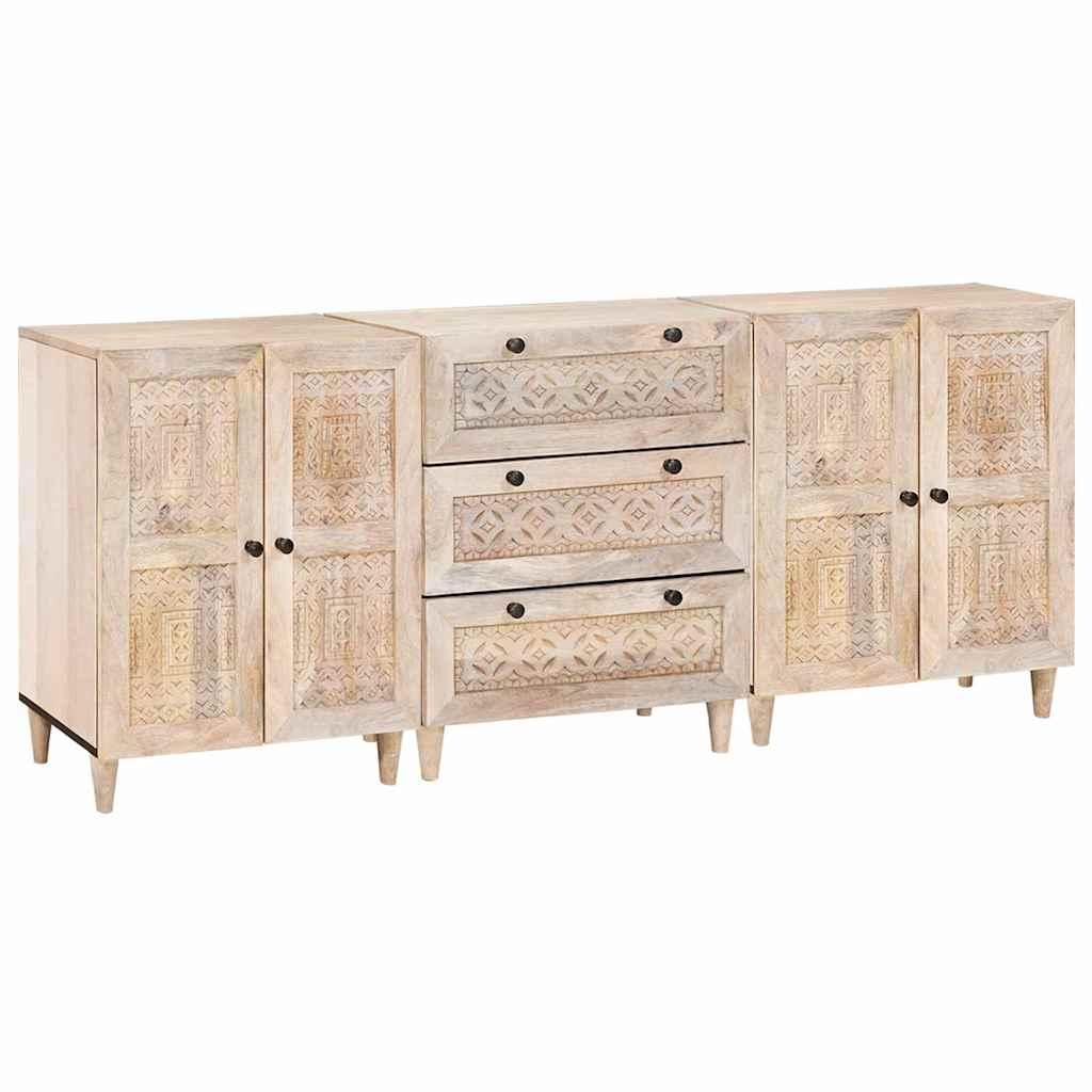 Sideboard 3 Dele Hvid 60 X 33 X 75 Cm Massivt Mangotræ