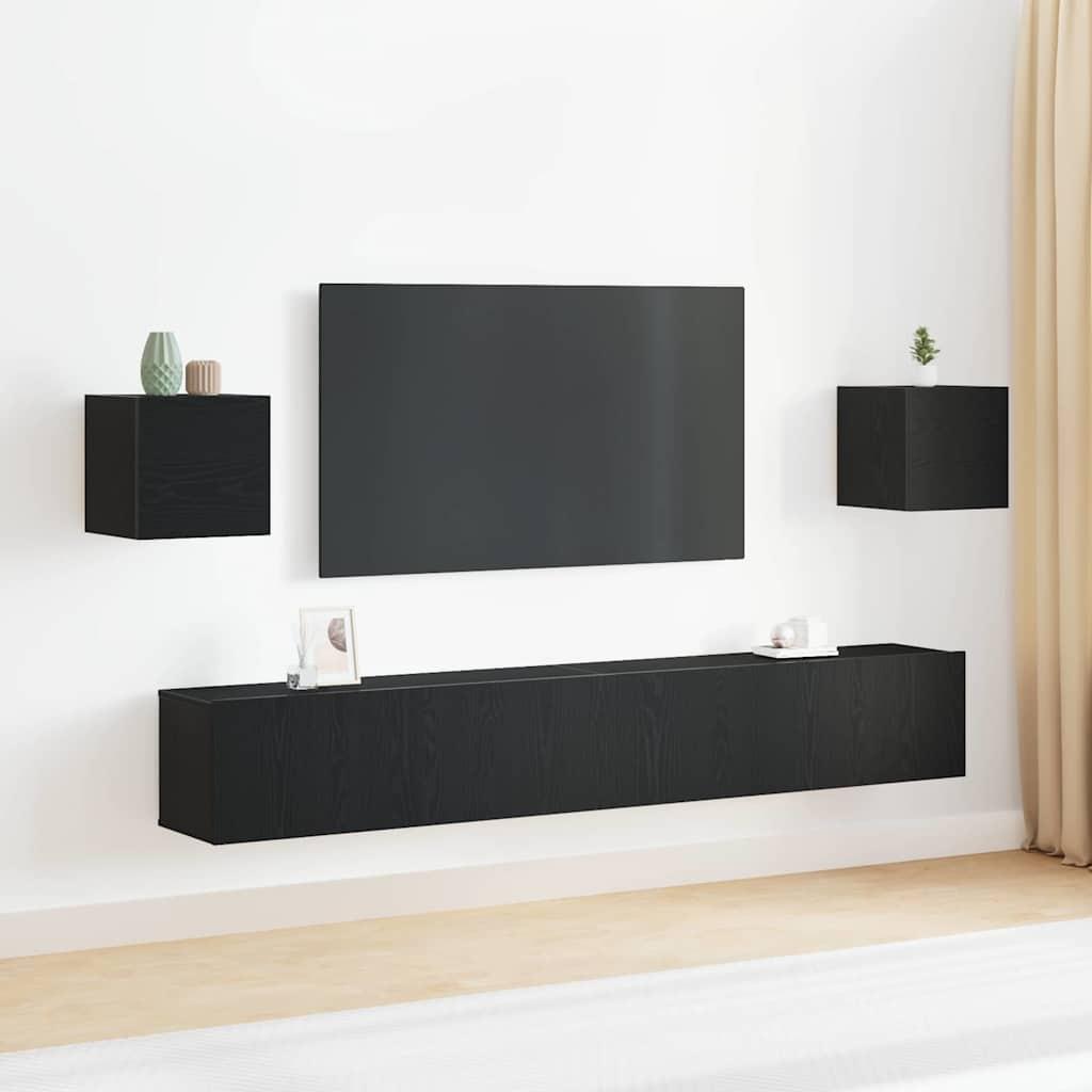 6 Stykker TV Skabe Sæt - Væghængt, Sort Eg, Ingeniørtræ