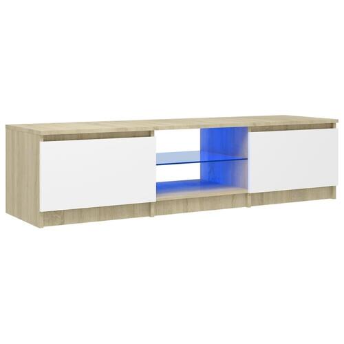 Tv-bord med LED-lys 140x40x35,5 cm hvid og sonoma-eg