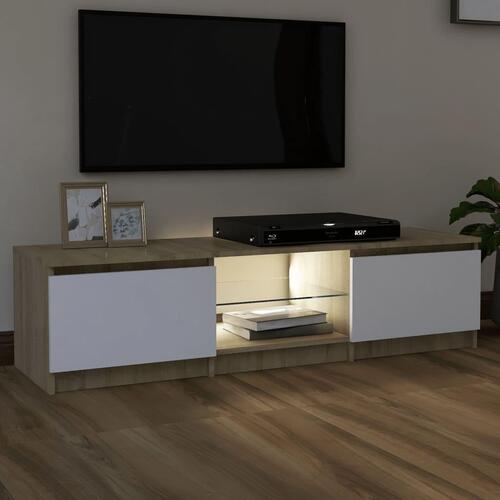 Tv-bord med LED-lys 140x40x35,5 cm hvid og sonoma-eg