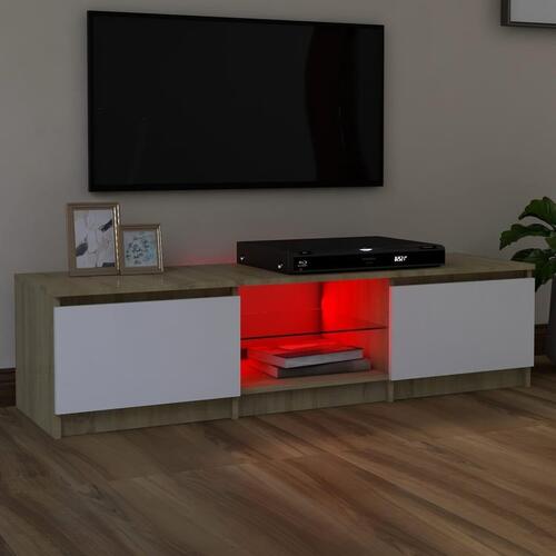 Tv-bord med LED-lys 140x40x35,5 cm hvid og sonoma-eg