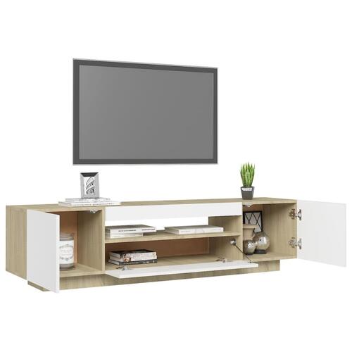 Tv-bord med LED-lys 160x35x40 cm hvid og sonoma-eg