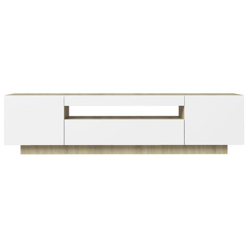 Tv-bord med LED-lys 160x35x40 cm hvid og sonoma-eg