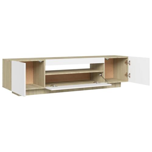 Tv-bord med LED-lys 160x35x40 cm hvid og sonoma-eg