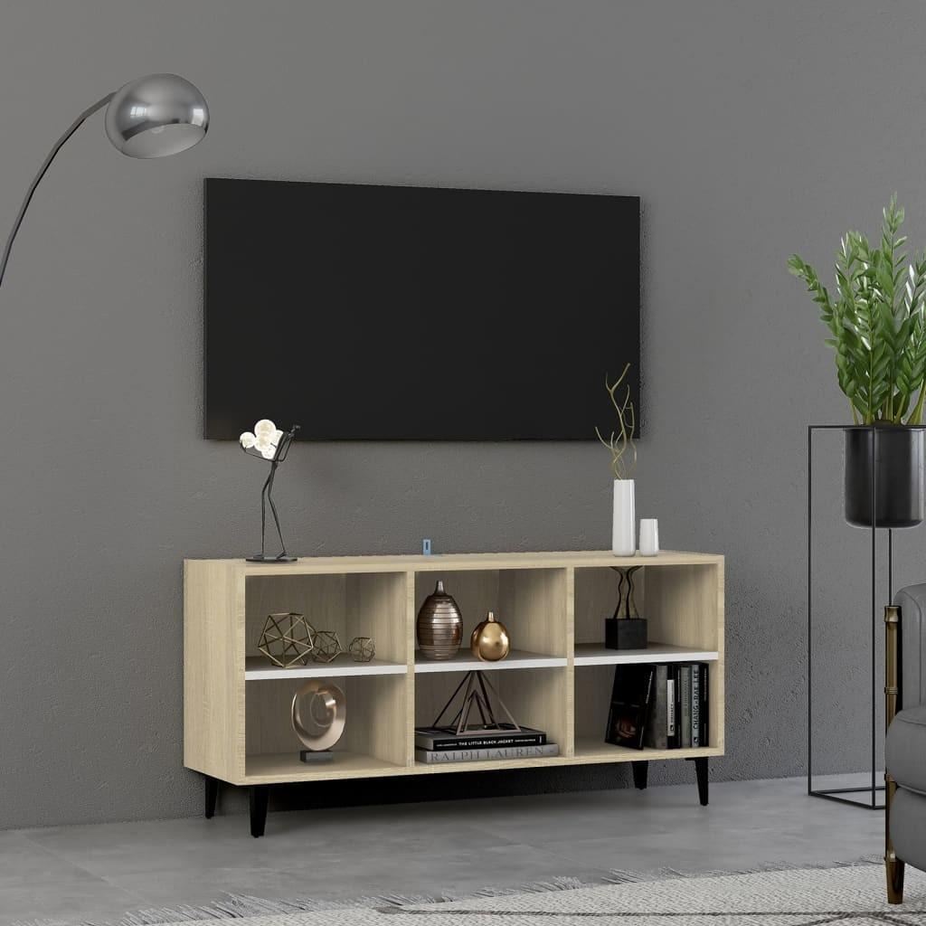 Tv-skab med metalben 103,5x30x50 cm hvid og sonoma-eg