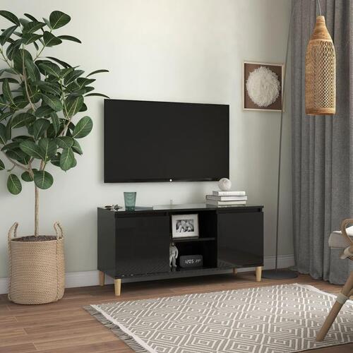 Tv-bord med massive træben 103,5x35x50 cm sort højglans