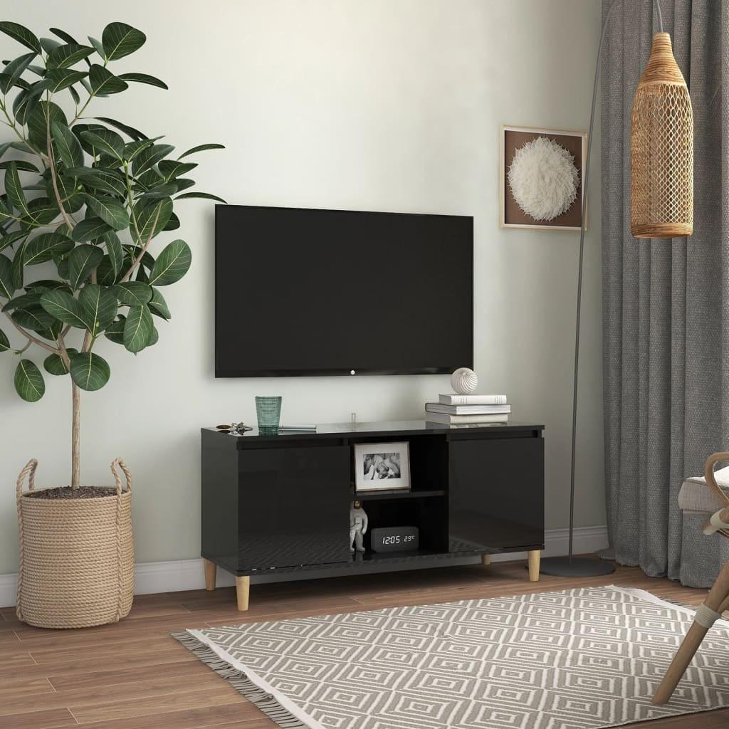 Tv-bord med massive træben 103,5x35x50 cm sort højglans