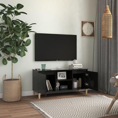 Tv-bord med massive træben 103,5x35x50 cm sort højglans