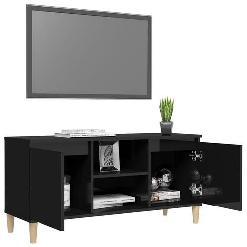 Tv-bord med massive træben 103,5x35x50 cm sort højglans