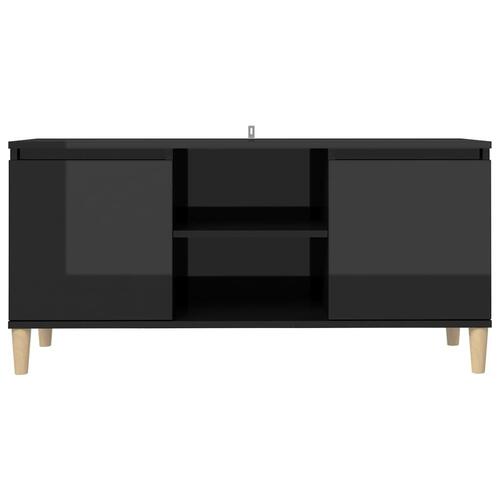 Tv-bord med massive træben 103,5x35x50 cm sort højglans