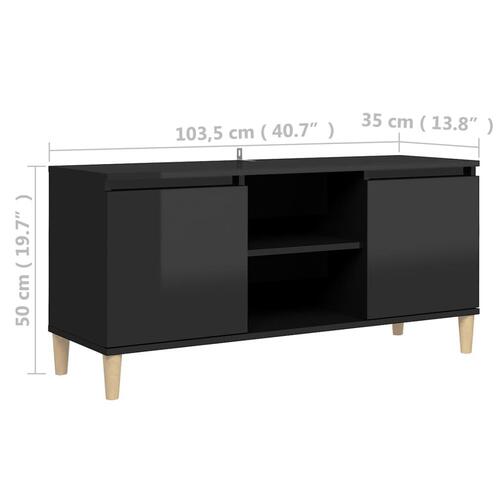 Tv-bord med massive træben 103,5x35x50 cm sort højglans