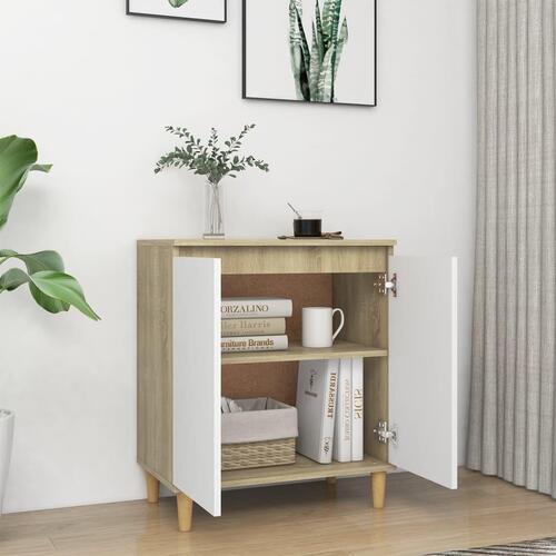 Skænk m. massive træben 60x35x70 cm spånplade hvid og sonoma-eg