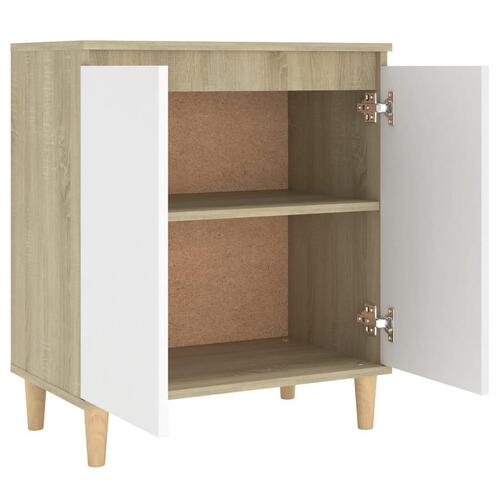Skænk m. massive træben 60x35x70 cm spånplade hvid og sonoma-eg