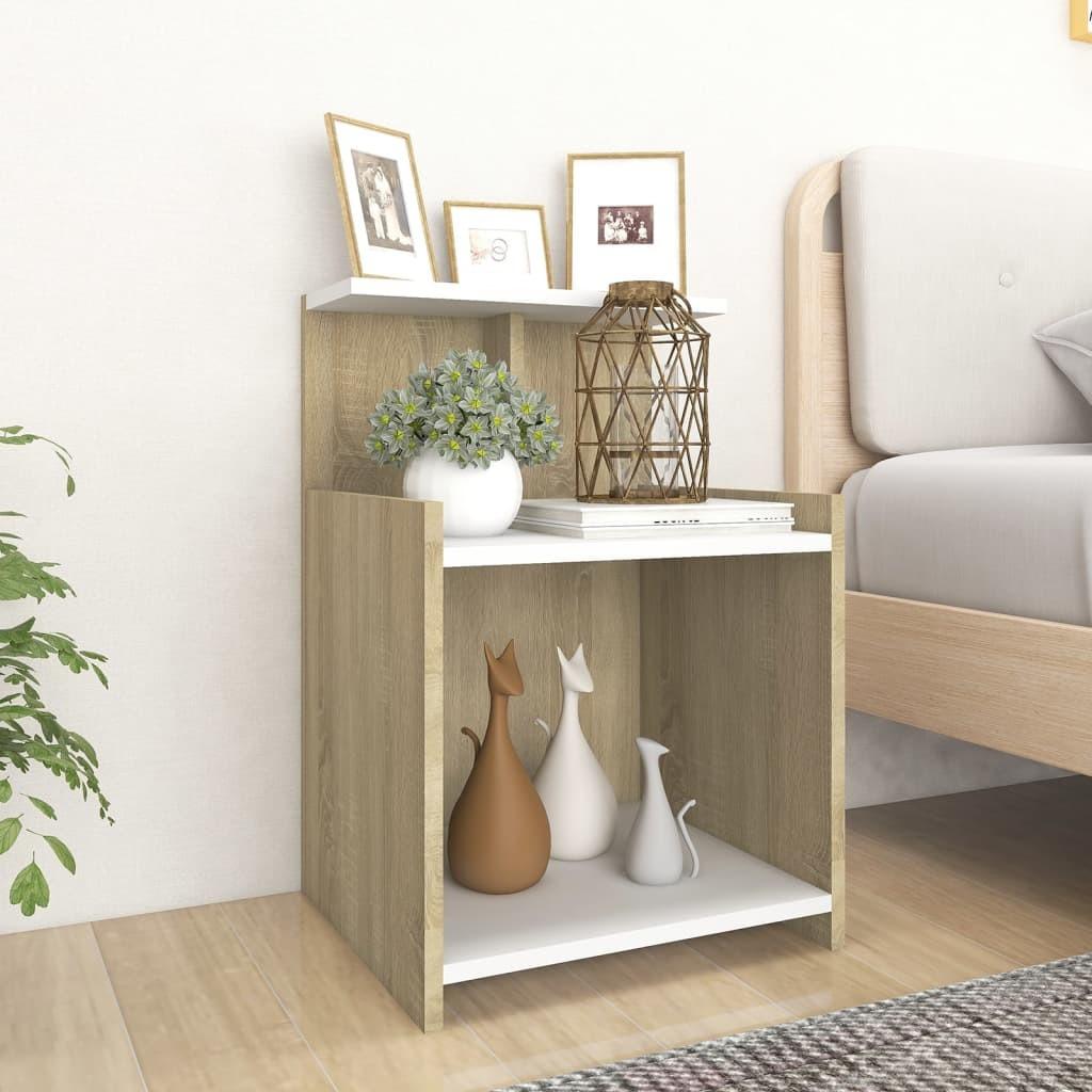 Sengeskab 40x35x60 cm spånplade hvid og sonoma-eg