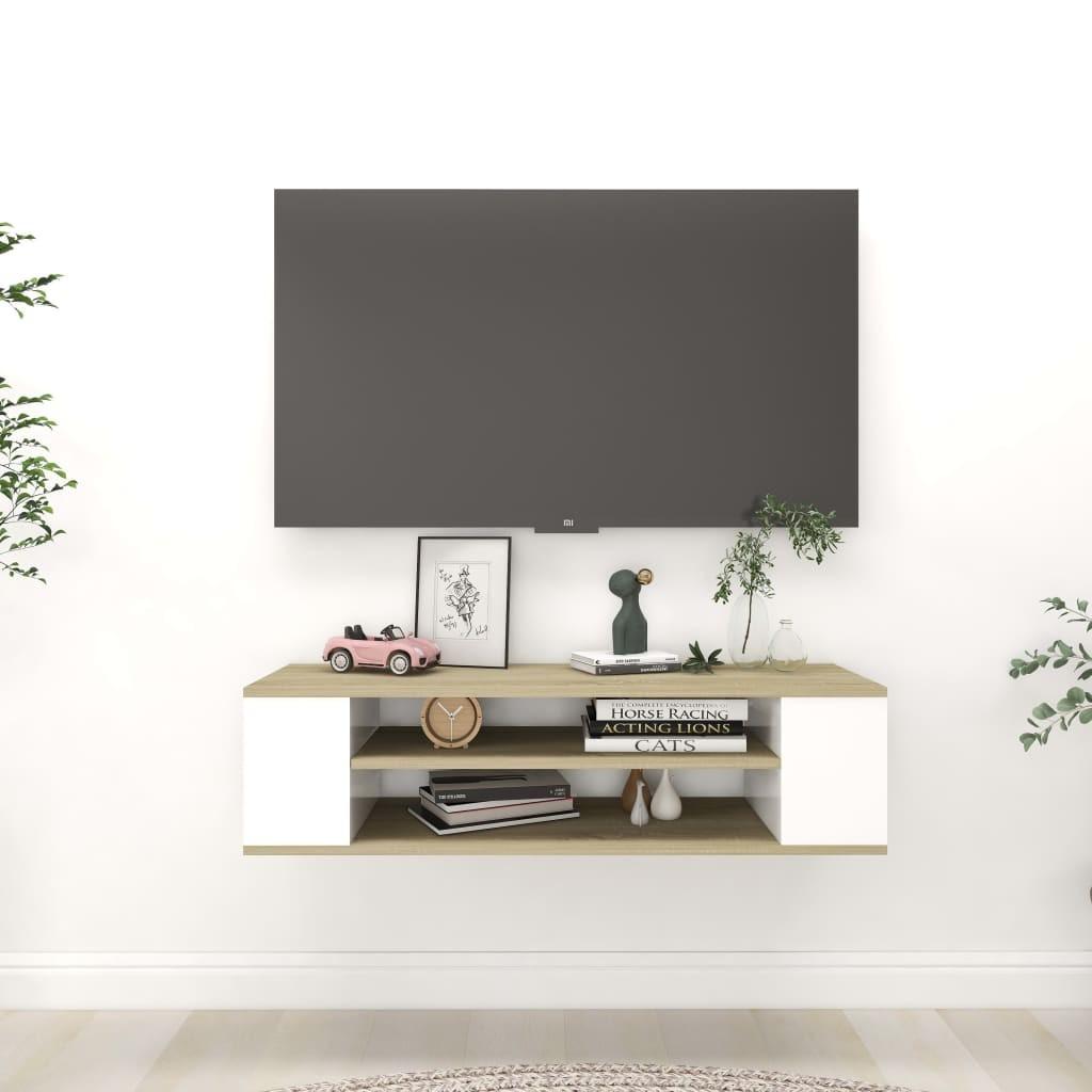 Væghængt tv-bord 100x30x26,5 cm konstrueret træ hvid sonoma-eg