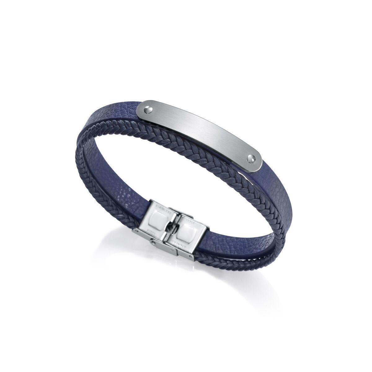 Armbånd til mænd - blå læderlook med stålplade billede